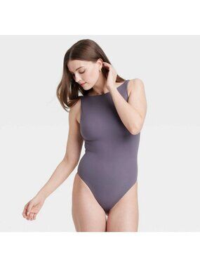 Auden size Small Luxe Stretch Fully Lined Thong Bodysuit Mauve Grey Purple New